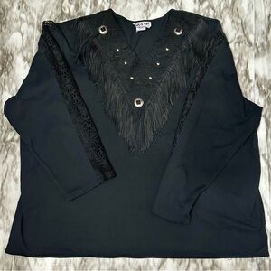 Black Lace Sleeves Western Fringe Vintage Top Sz 42 Cowboy Silver Embellishment